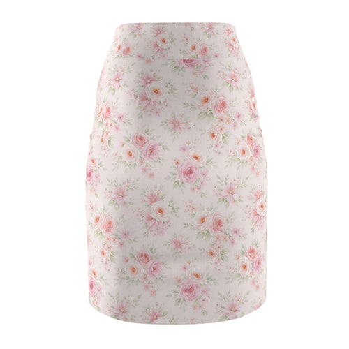 Floral Pencil Skirt - Soft Pink Rose Print, Women's Spring Garden Style